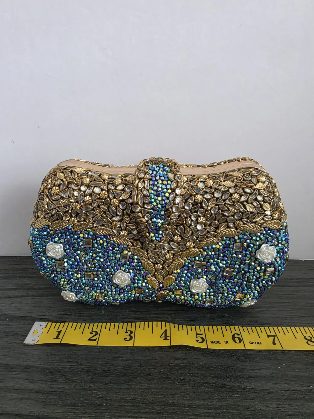 Luxury Beaded Crystal Clutch Bag | Gold Leaf & Teal Iridescent Evening Purse